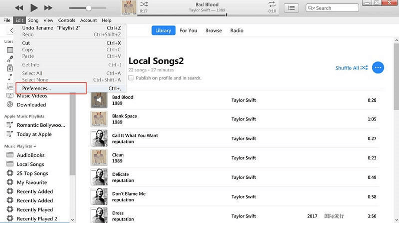 Scegli Preferenze su iTunes