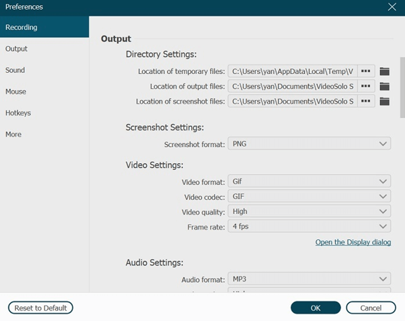 Preferences Parameter Settings