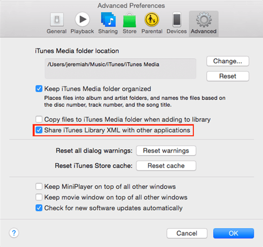 Enable iTunes Sharing in Advanced Preferences
