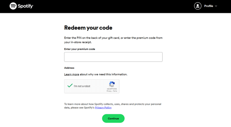 Inserisci il codice della carta regalo Spotify Premium da riscattare