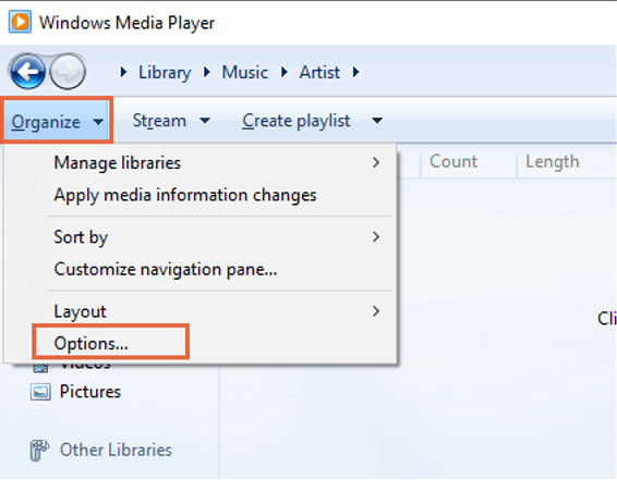 Apri Opzioni in Windows Media Player