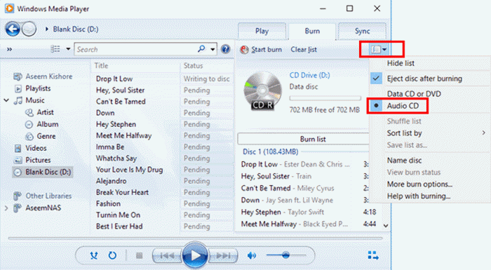 Burn CD from Spotify Windows Media Player