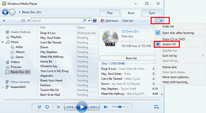 Masterizza CD da Spotify Windows Media Player