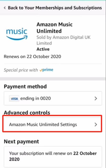 Impostazioni Amazon Music Unlimited Browser iOS