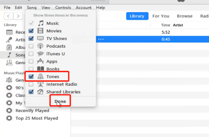 Section des tonalités ouvertes dans iTunes