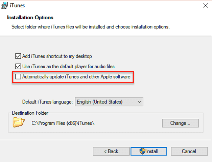 Elija las opciones de instalación iTunes