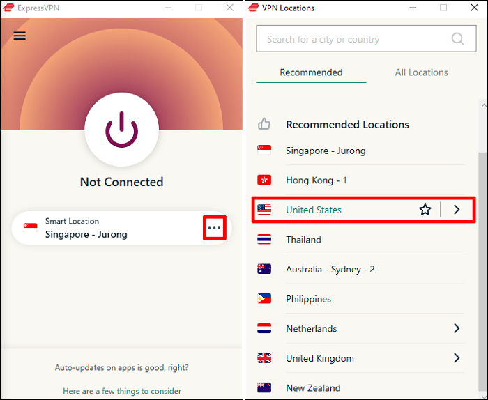 Select to Connect to A Country Server in VPN