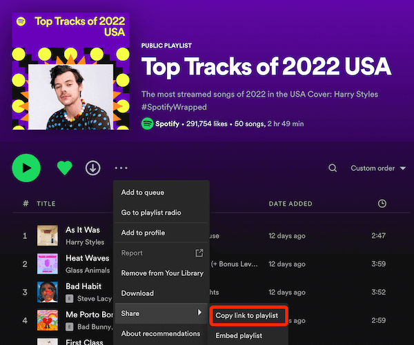 Copy Spotify Playlist Link to Embed