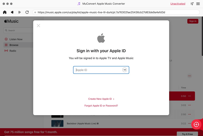 Wprowadź Apple ID w MuConvert Apple Music Converter dla komputerów Mac