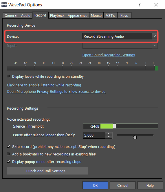 wavepad per l'impostazione del dispositivo di input