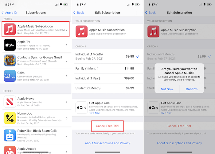 Cancel Apple Music Free Trial on iPhone/iPad