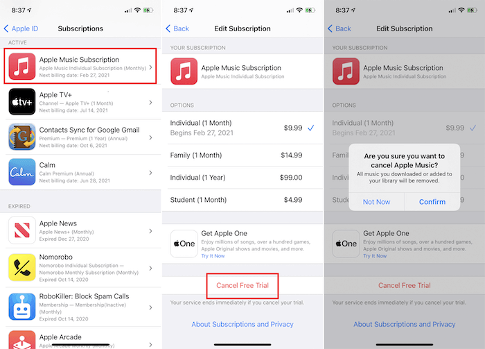 Anuluj bezpłatną wersję próbną Apple Music na iPhonie / iPadzie