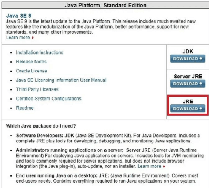 Requiem del pulsante di download JRE Java