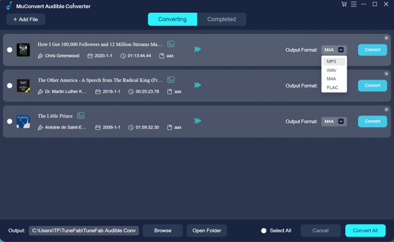 MuConvert Audible Converter Seleccione el formato de salida