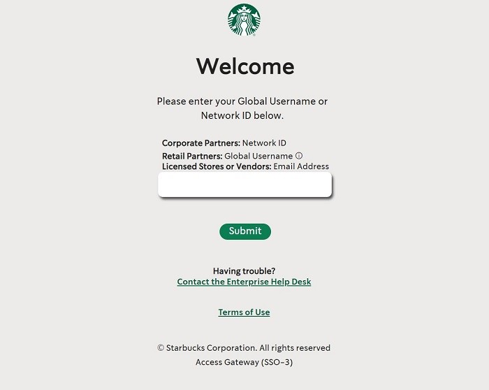 Página de login do horário de parceiros da Starbucks