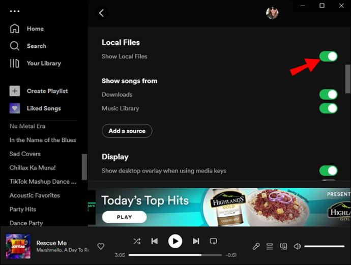 Attiva Mostra file locali su Spotify