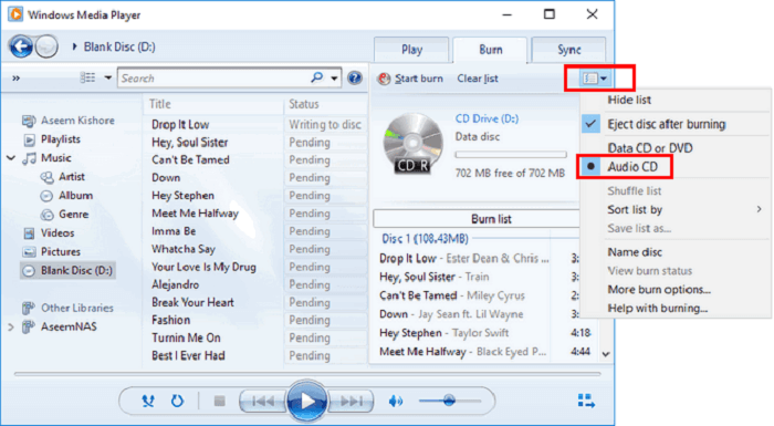 Burn CD with Windows Media Player